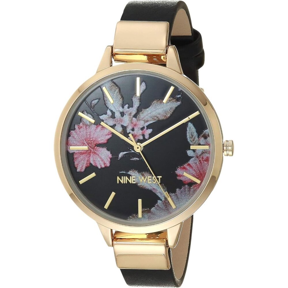 Women's Floral Gold/Black Crystal Lens Faux Smooth Strap Buckle Closure Watch